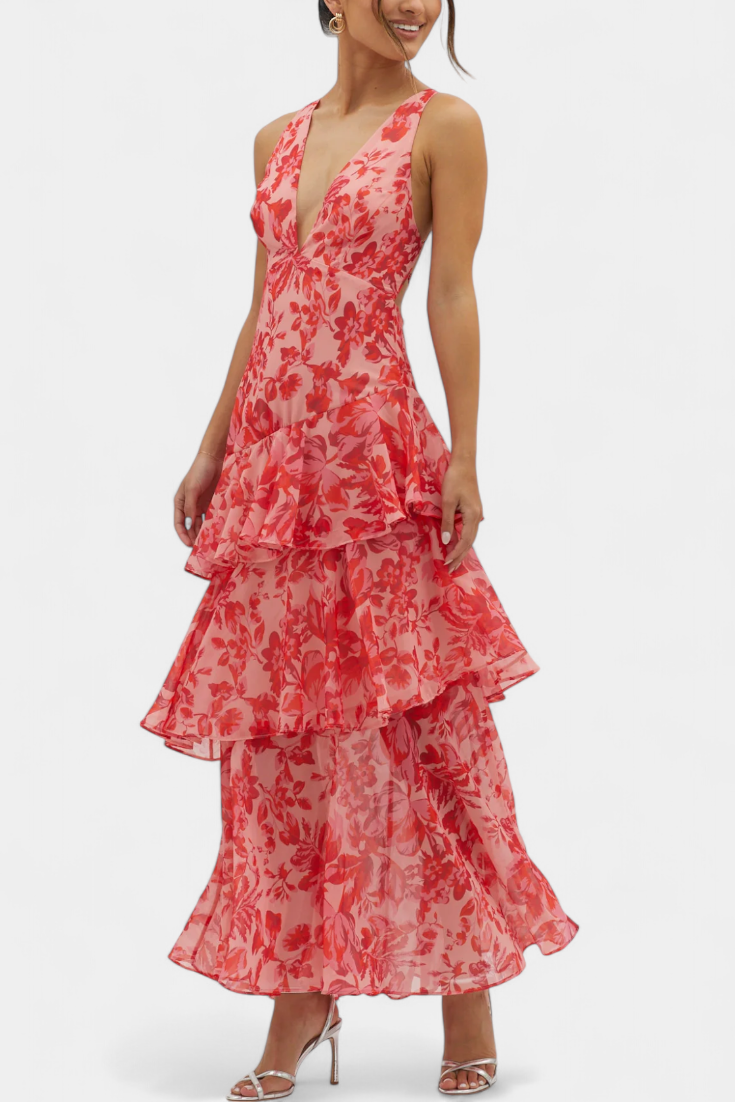 Langes Chiffonkleid mit V-Ausschnitt für Frauen - Domenica