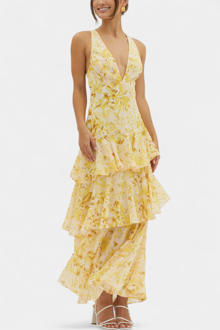 Langes Chiffonkleid mit V-Ausschnitt für Frauen - Domenica