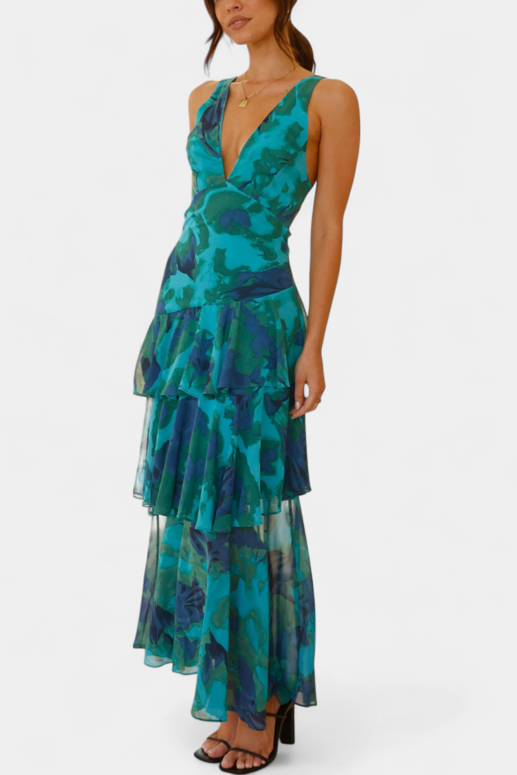 Langes Chiffonkleid mit V-Ausschnitt für Frauen - Domenica