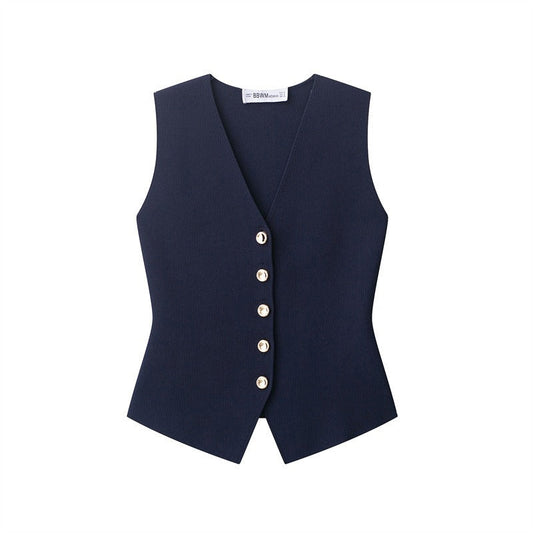 Gilet sans manches pour femme avec boutons dorés, style tailleur - Saray