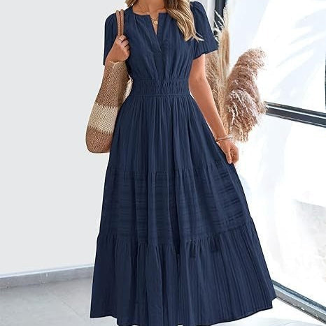 Damen Plissee Midikleid mit kurzen Ärmeln im Bohème-Stil - Lorena