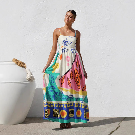 Robe longue fluide imprimée à bretelles pour femme - Naïma