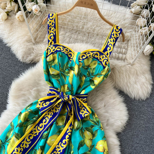 Robe longue vintage imprimée citron avec nœud - Élodie