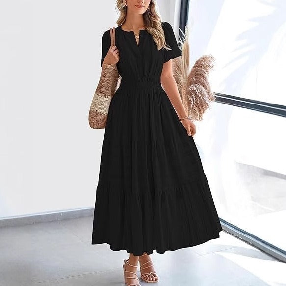 Damen Plissee Midikleid mit kurzen Ärmeln im Bohème-Stil - Lorena