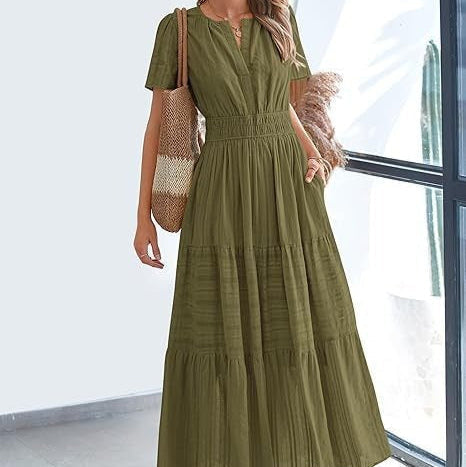 Damen Plissee Midikleid mit kurzen Ärmeln im Bohème-Stil - Lorena