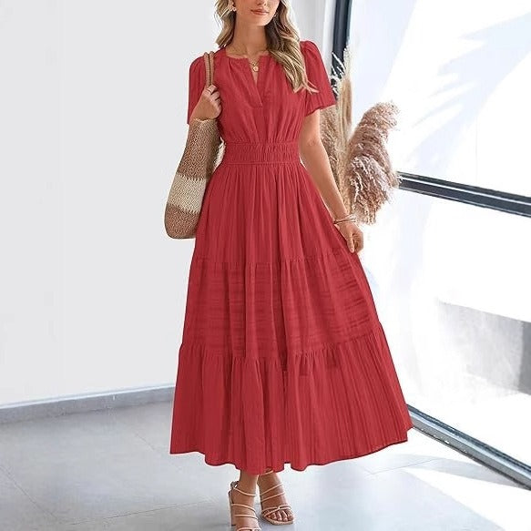 Damen Plissee Midikleid mit kurzen Ärmeln im Bohème-Stil - Lorena