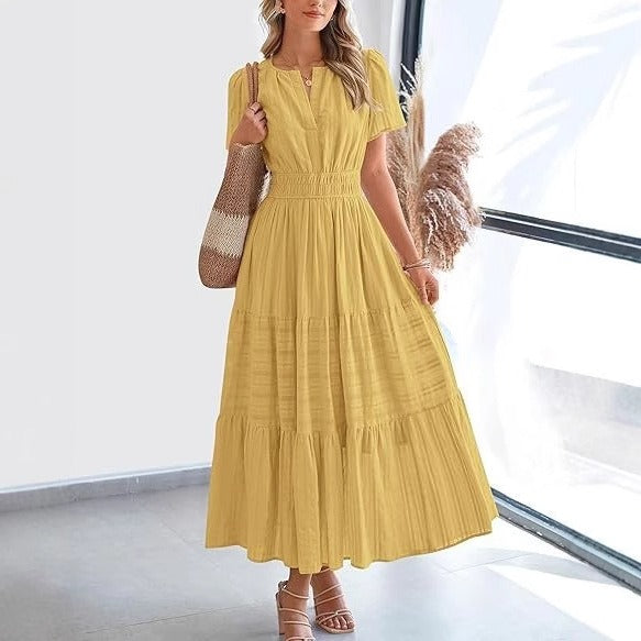 Damen Plissee Midikleid mit kurzen Ärmeln im Bohème-Stil - Lorena