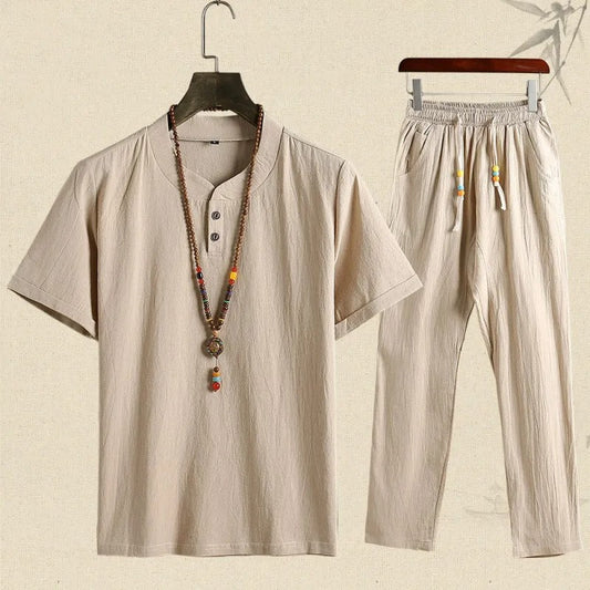 Ensemble en lin pour homme, style décontracté, manches courtes - Tao