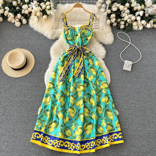 Robe longue vintage imprimée citron avec nœud - Élodie