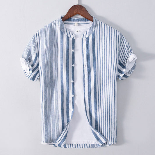 Chemise homme en lin, col mao, rayures verticales - Étienne