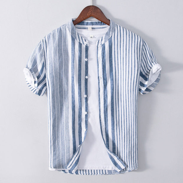 Chemise homme en lin, col mao, rayures verticales - Étienne
