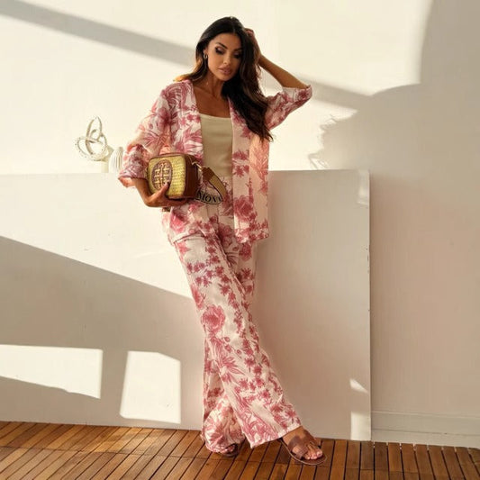 Ensemble femme avec pantalon droit et chemise à imprimé floral - Fabienne
