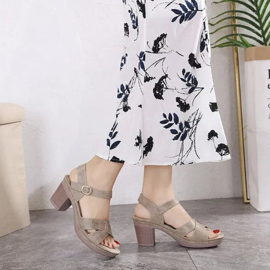 Sandales à talon large pour femmes en cuir synthétique à motif croisé - Brigitte