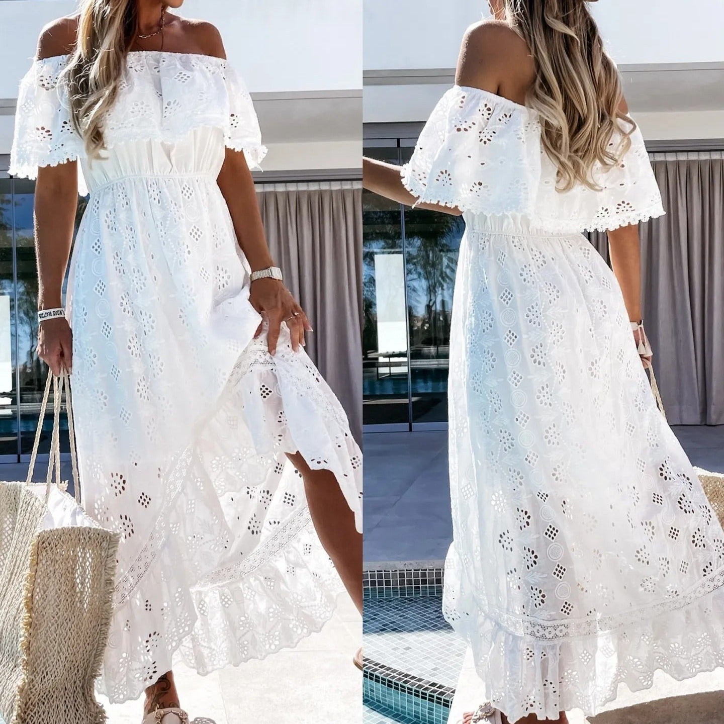 Langes Damenkleid mit durchbrochener Stickerei und Bootsausschnitt - Julieta