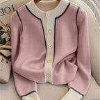 Damen Strickjacke elegant Rundhalsausschnitt fein gestrickt Strickjacke mit Kontrast - Elina