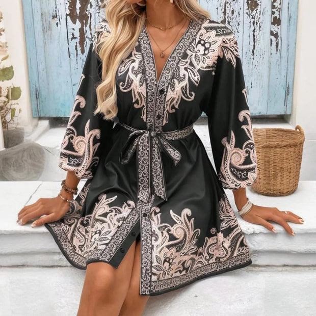 Robe courte en satin pour femme avec imprimé bohème style tunique - Nadine
