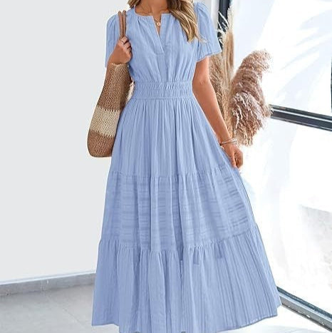 Damen Plissee Midikleid mit kurzen Ärmeln im Bohème-Stil - Lorena