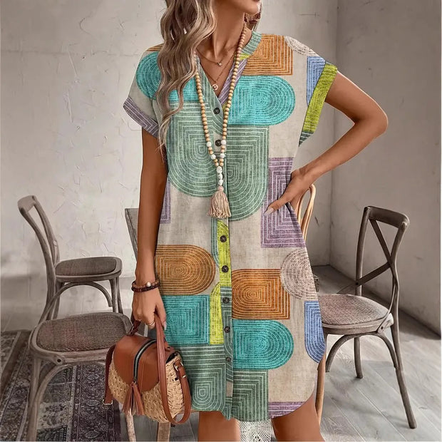 Robe chemise bohème à imprimé géométrique pour femme - Galilea