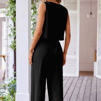 Ensemble sans manches à boutons fluides et pantalon palazzo pour femmes - Ambre