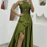 Robe longue plissée en satin à coupe asymétrique pour femme - Natalia