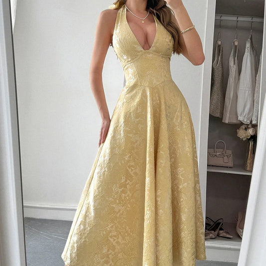 Robe midi pour femme en jacquard, élégante encolure licou - Mireille