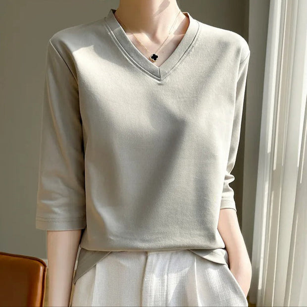 T-shirt femme col V, manches françaises, coton doux - Élodie