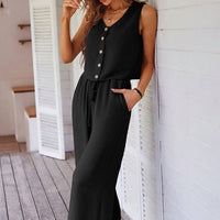 Ensemble sans manches à boutons fluides et pantalon palazzo pour femmes - Ambre