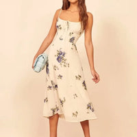 Robe midi fleurie à fines bretelles et taille froncée pour femme - Isadora