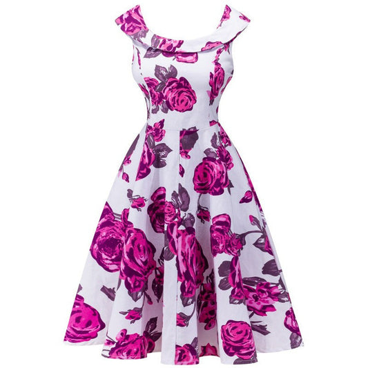 Robe midi pour femme, décolleté bateau floral, style évasé - Brigitte