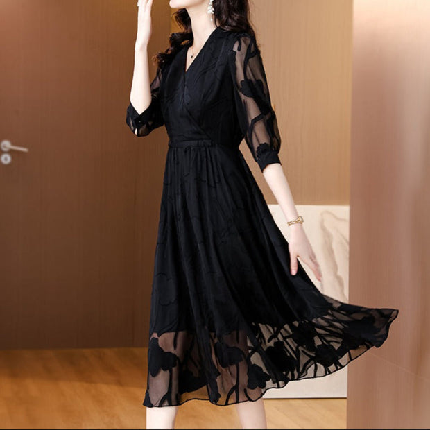 Robe midi pour femme en mousseline de soie florale à manches transparentes - Annelise