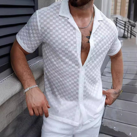 Chemise semi-transparente à manches courtes pour hommes avec motif à carreaux - Giulio