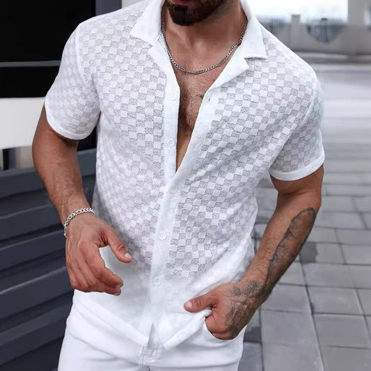 Chemise semi-transparente à manches courtes pour hommes avec motif à carreaux - Giulio