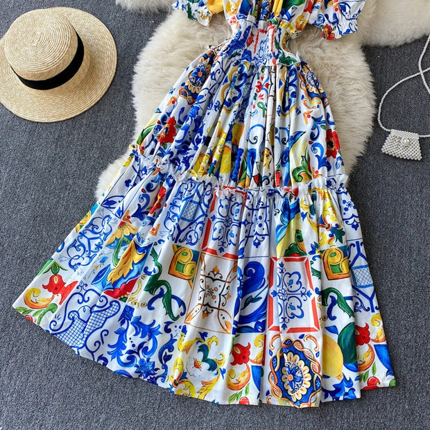 Robe féminine décolletée à manches bouffantes de style bohème - Marisol