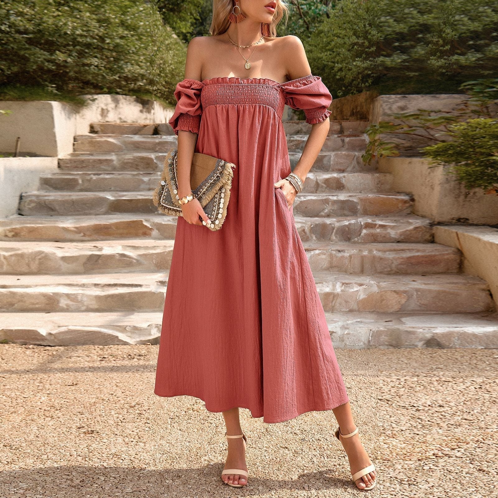 Langes Damenkleid mit Bardot-Ausschnitt, Bohème-Stil - Daphne
