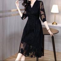 Robe midi pour femme en mousseline de soie florale à manches transparentes - Annelise