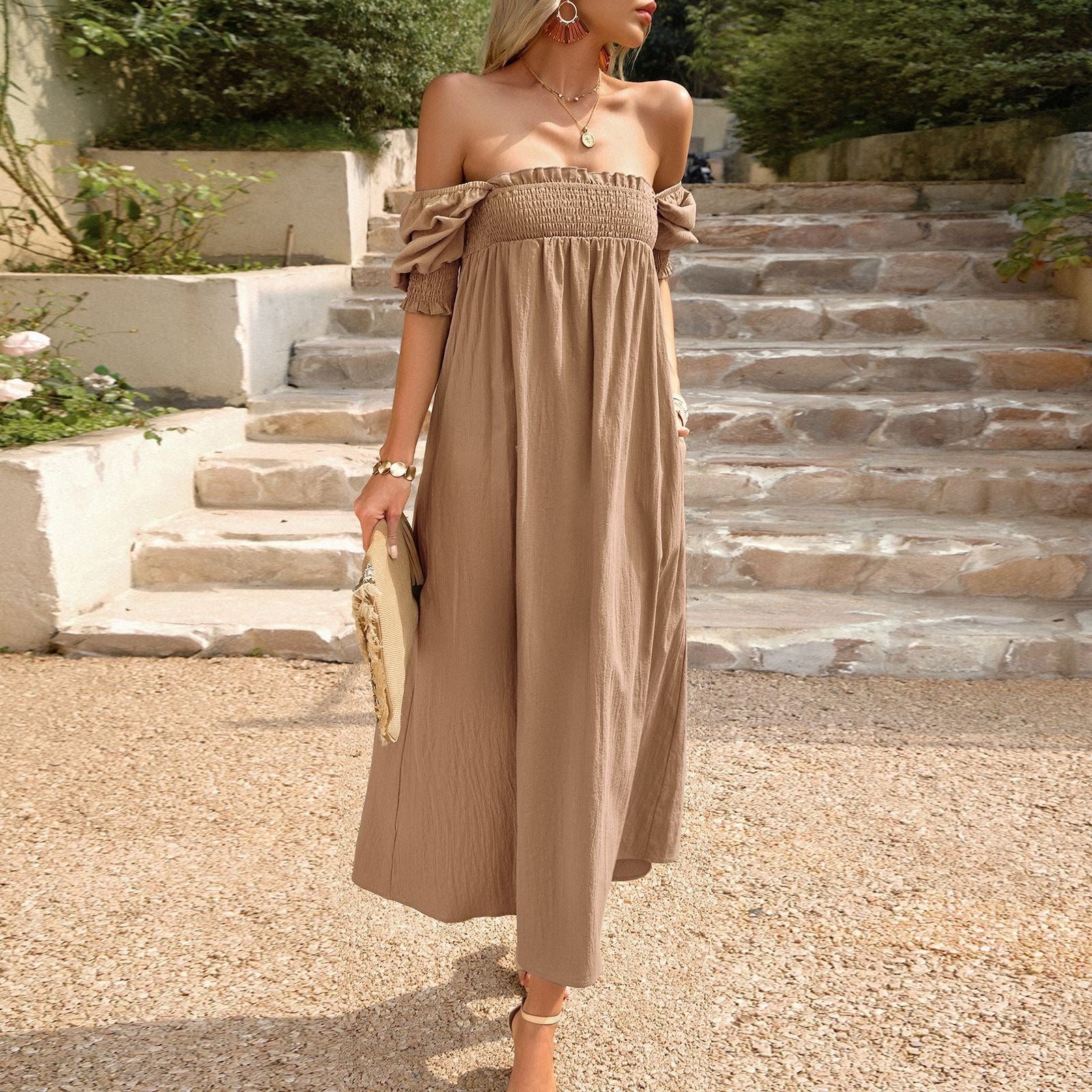 Langes Damenkleid mit Bardot-Ausschnitt, Bohème-Stil - Daphne