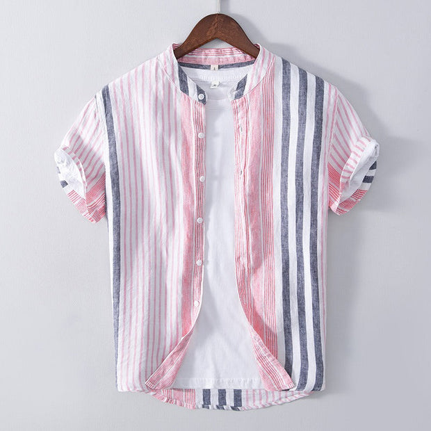 Chemise homme en lin, col mao, rayures verticales - Étienne