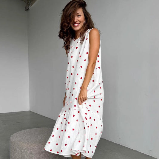 Robe longue sans manches en coton imprimé cœur pour femme - Mieke