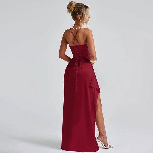 Robe longue à volants en satin pour femmes avec fente sur le côté - Lorena