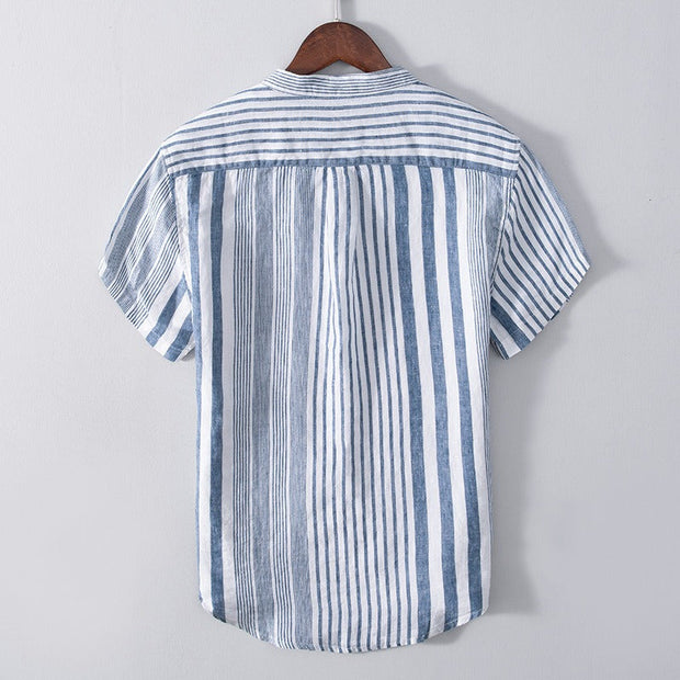 Chemise homme en lin, col mao, rayures verticales - Étienne