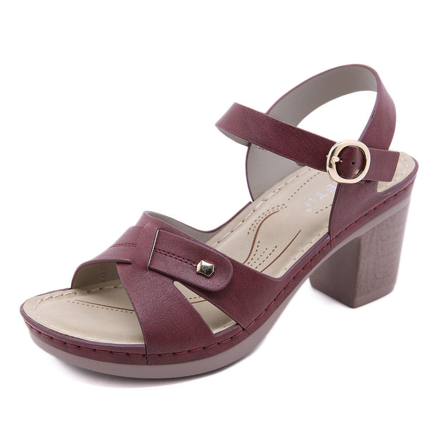 Sandales à talon large pour femmes en cuir synthétique à motif croisé - Brigitte