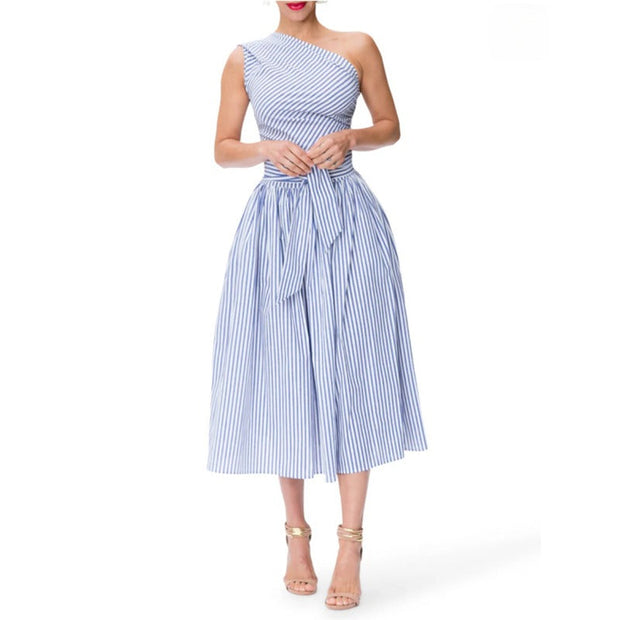 Robe midi femme à fines rayures et encolure asymétrique - Berenice