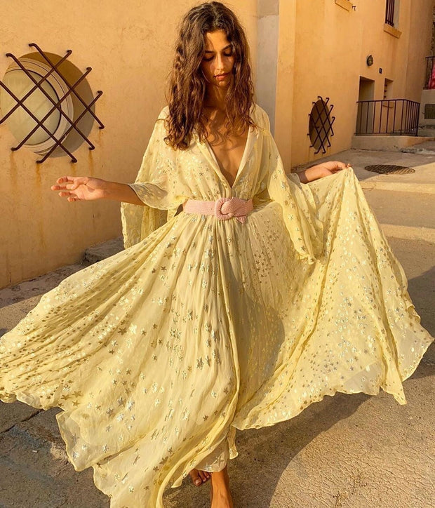 Robe longue pour femme avec broderie florale métallique - Gabriela
