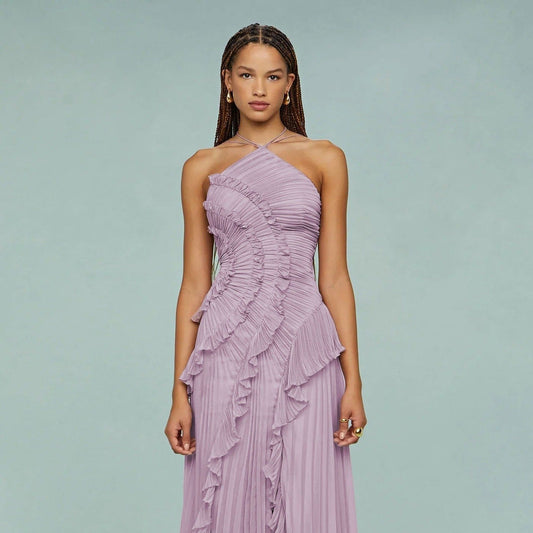 Élégante robe longue en mousseline de soie plissée asymétrique - Violet