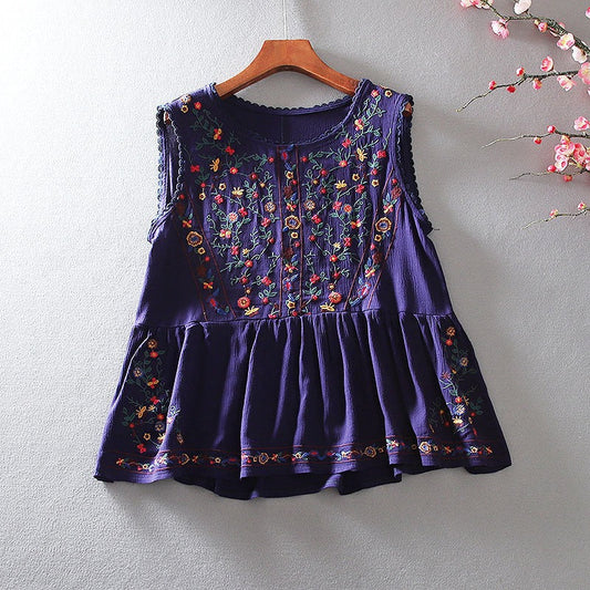 Blouse sans manches brodée de fleurs de Bohème - Alondra
