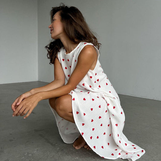 Robe longue sans manches en coton imprimé cœur pour femme - Mieke