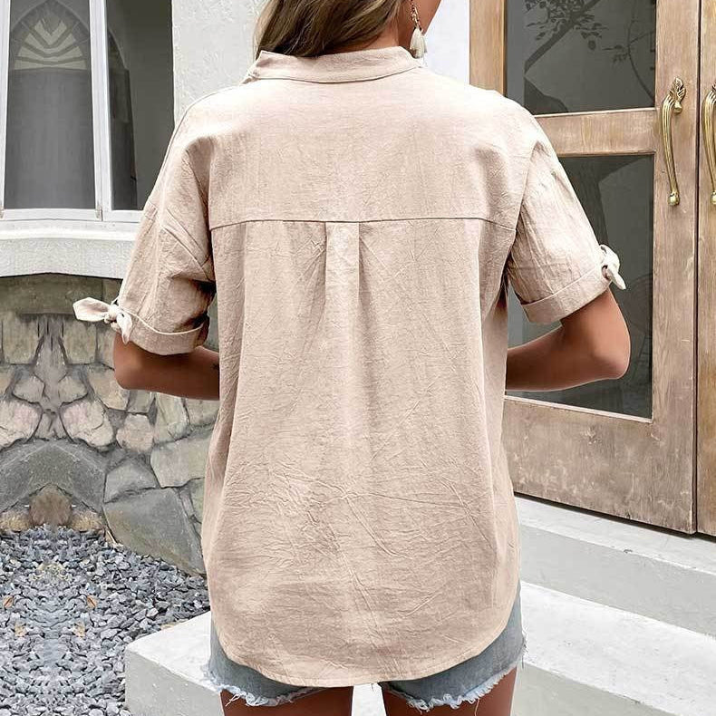 Lässige Damen Leinenbluse mit V-Ausschnitt und kurzen Ärmeln - Teresa