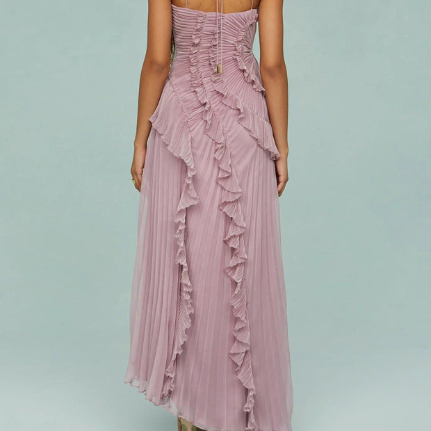 Élégante robe longue en mousseline de soie plissée asymétrique - Violet