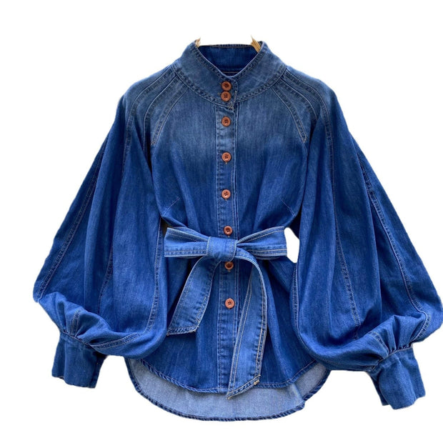 Damen-Jeansbluse mit Puffärmeln und Gürtel - Elara