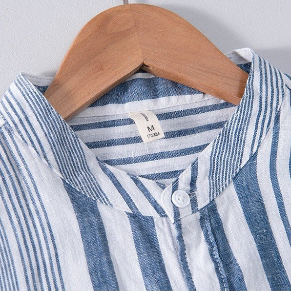 Chemise homme en lin, col mao, rayures verticales - Étienne